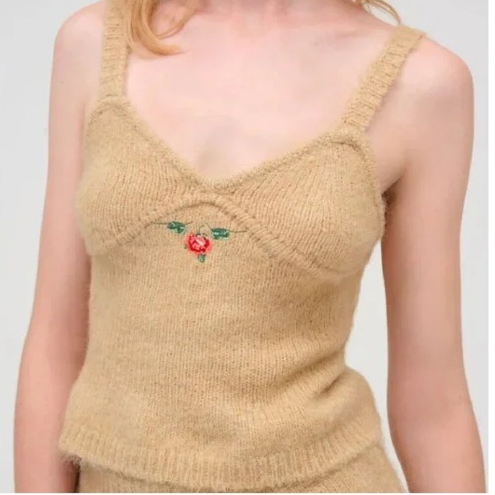 For Love & Lemons Beige Knit Tank with Embroidered Rose